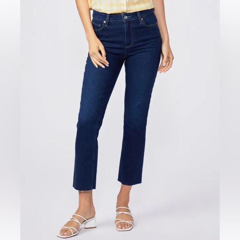Paige Cindy Crop High-Rise Straight Denim Jeans 23 NWT Raw-Hem Cropped Indigo